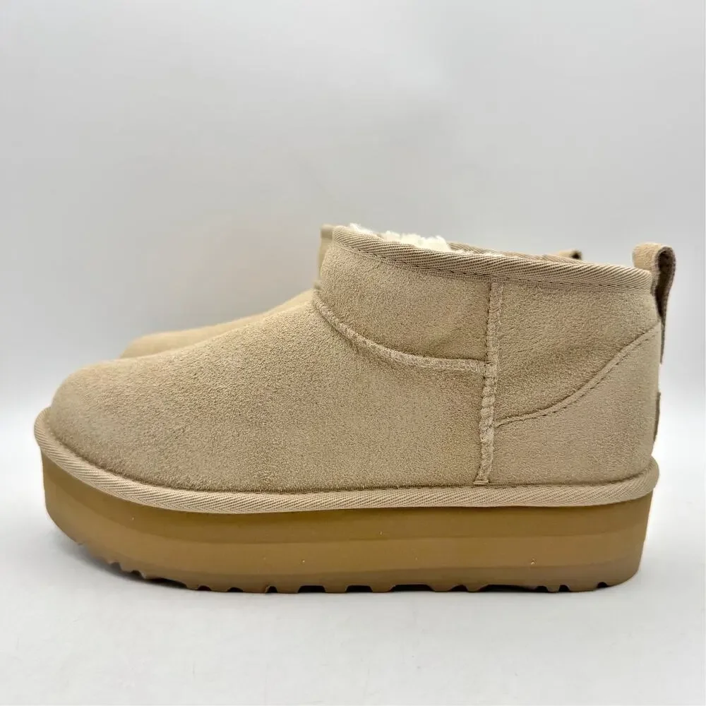 UGG Women Classic Ultra Mini Platform Boot US 5 Sand Suede Fur Plush Lining NWOB